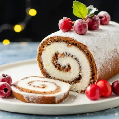 Festive Christmas roll cake with a chocolate sponge base, creamy white filling, and a dusting of powdered sugar, surrounded by red berries and mint leaves on a holiday-themed table.