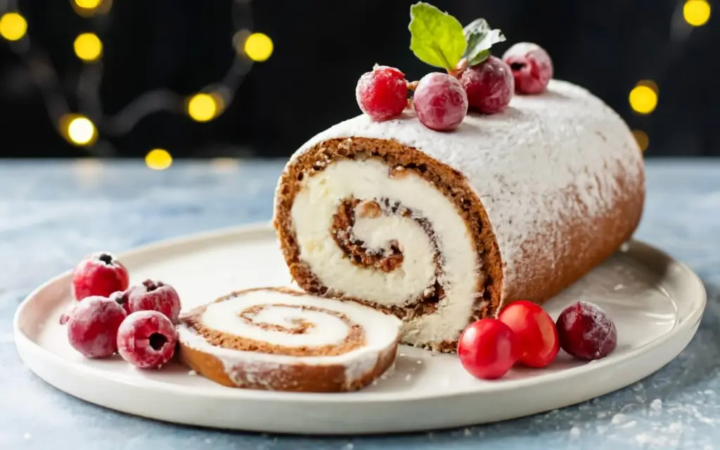 Festive Christmas roll cake with a chocolate sponge base, creamy white filling, and a dusting of powdered sugar, surrounded by red berries and mint leaves on a holiday-themed table.