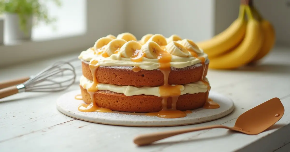 Banana cream cake on a table, layered with creamy filling and topped with whipped cream and fresh banana slices,.